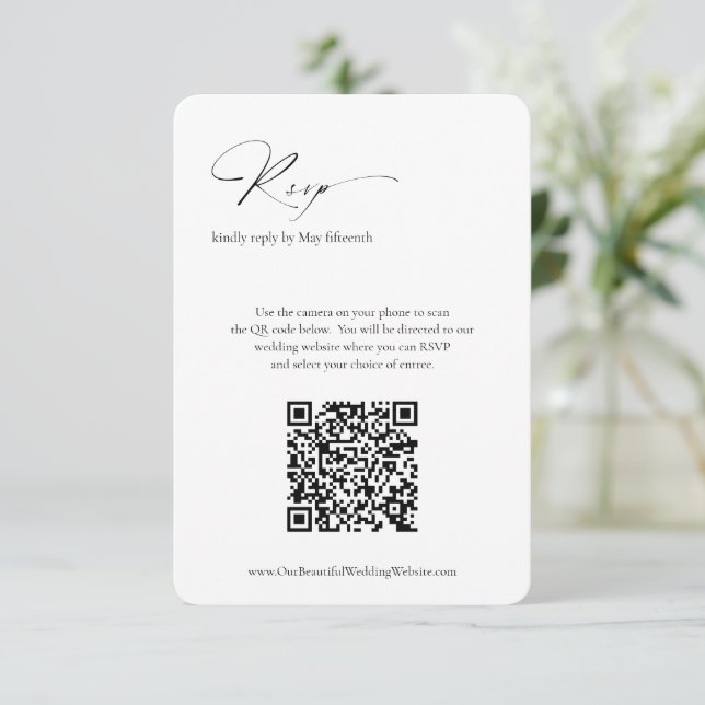 Modern Formal Minimal QR Code Elegant Wedding RSVP Card (Standing Front)