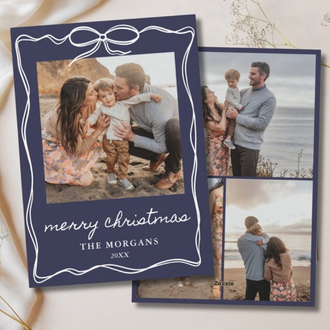 Modern Formal Navy Christmas Bow 4 Photo Family Holiday Card (Modern Formal Navy Christmas Bow 4 Photo Family)