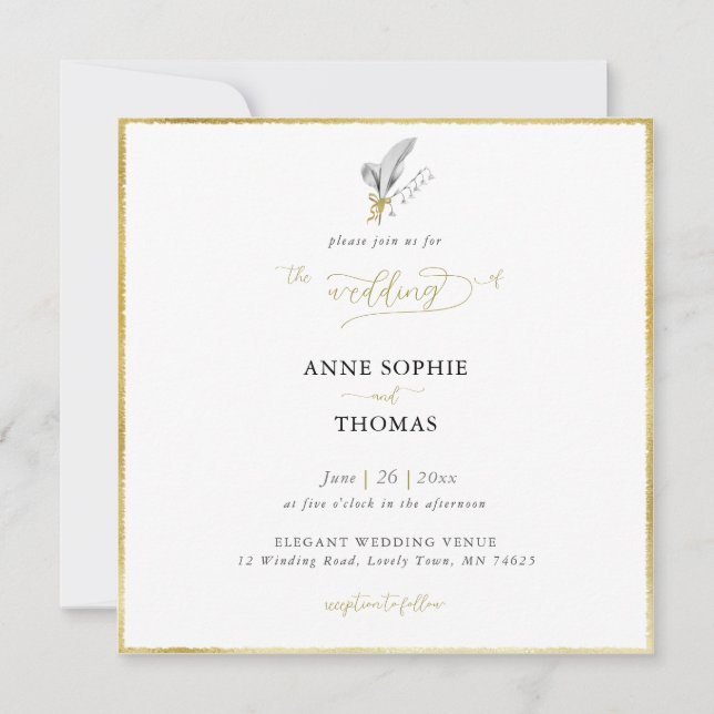 Modern Formal Spring Lily of Valley Gold Wedding Invitation (Front)