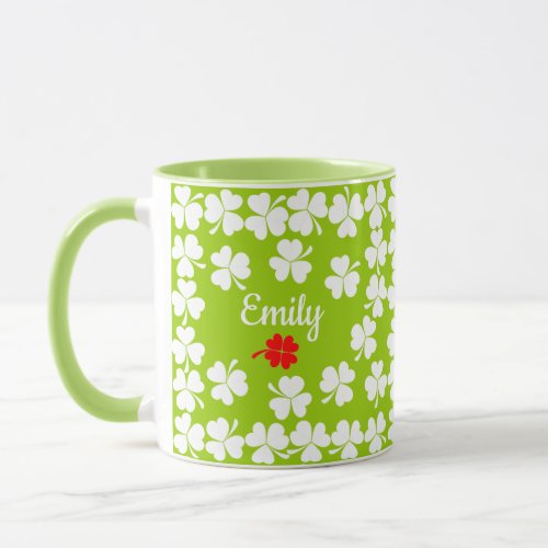 Modern four leaf clover pattern name mug