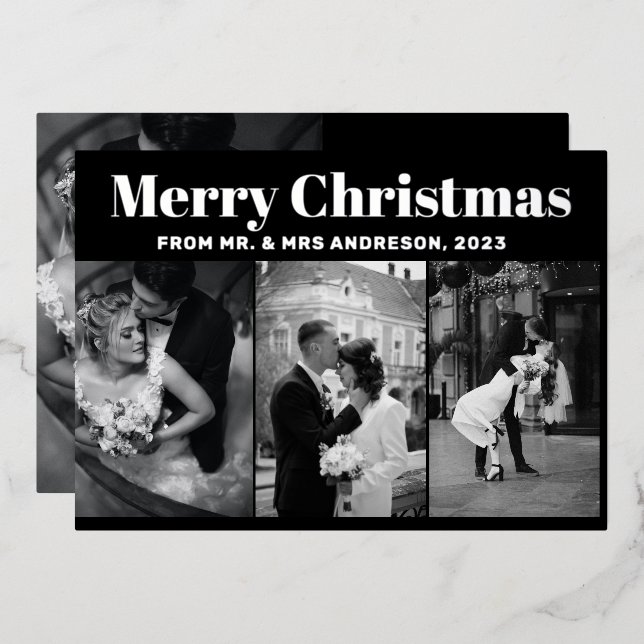 Modern Four Photo black & White Merry Christmas  Foil Holiday Card (Front/Back)