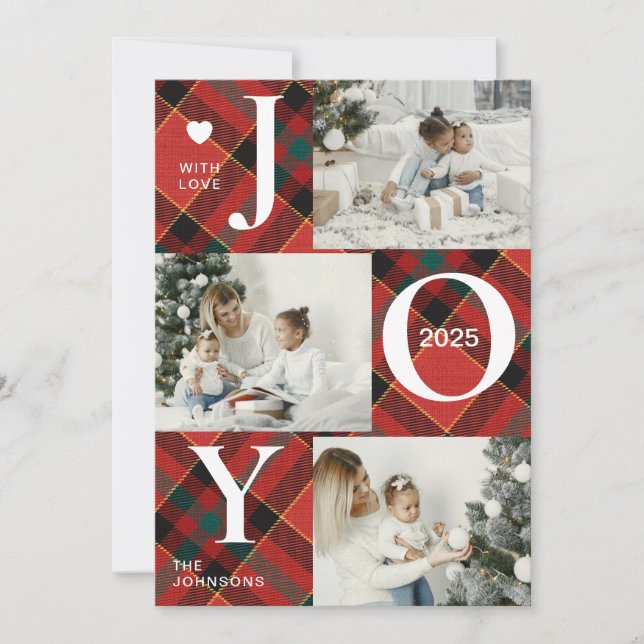 Modern Four Photo Collage | Joy Merry Christmas Holiday Card (Front)