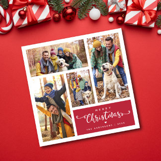 Modern Four Photo Collage Merry Christmas Holiday Card