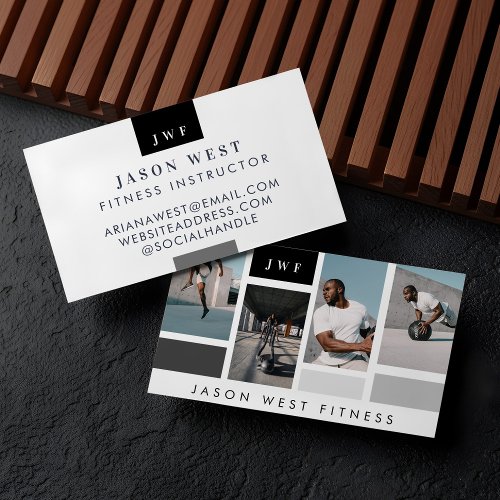 Customizable Modern Four Photo Collage Personal Trainer Fitness Business Card