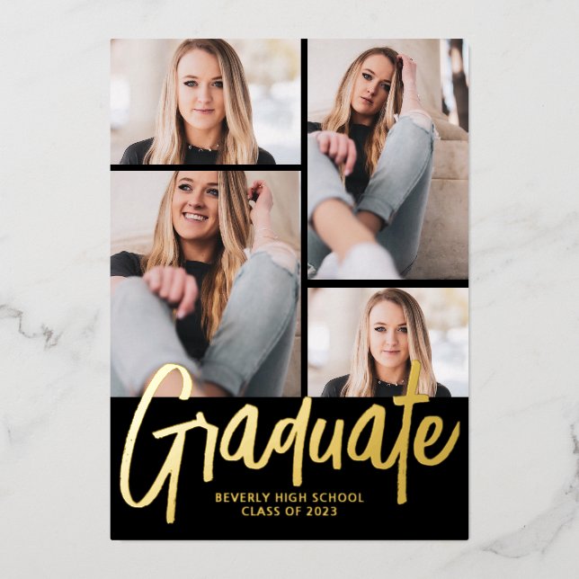 Modern Four Photo Script Graduation Party Foil Invitation (Front)