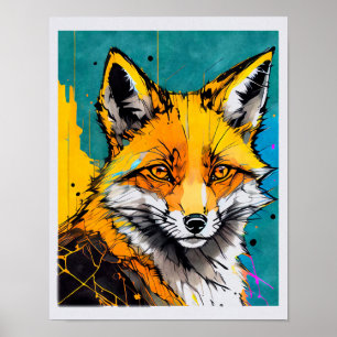 Modern fox print bold colors black eyes orange