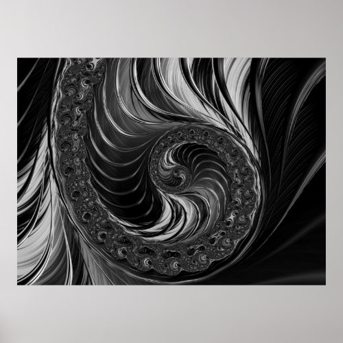 Modern Fractal Black White Metal Nautilus Swirl Poster