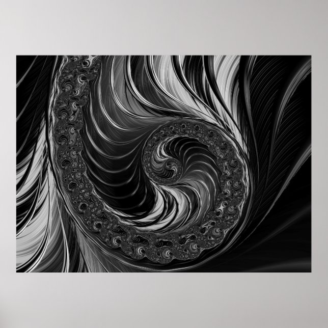Modern Fractal Black White Metal Nautilus Swirl Poster (Front)