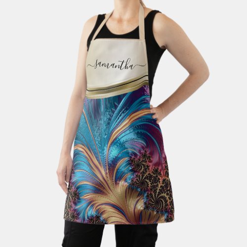 Modern Fractal Blue Gold Handwritten Name Apron