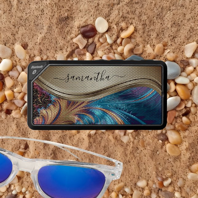 Modern Fractal Blue Gold Handwritten Name Bluetooth Speaker (Creator Uploaded)