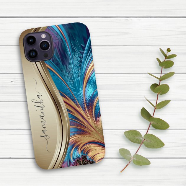 Modern Fractal Blue Gold Handwritten Name Case Mate iPhone Case