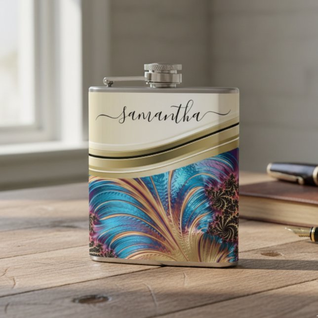 Modern Fractal Blue Gold Handwritten Name Flask (Creator Uploaded)
