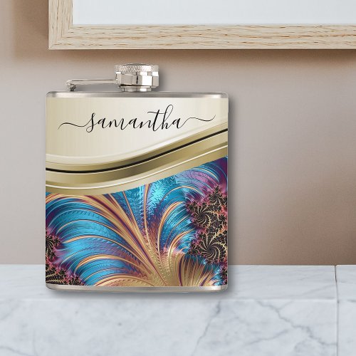 Modern Fractal Blue Gold Handwritten Name Flask