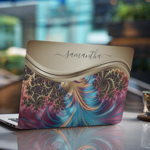 Modern Fractal Blue Gold Handwritten Name HP Laptop Skin