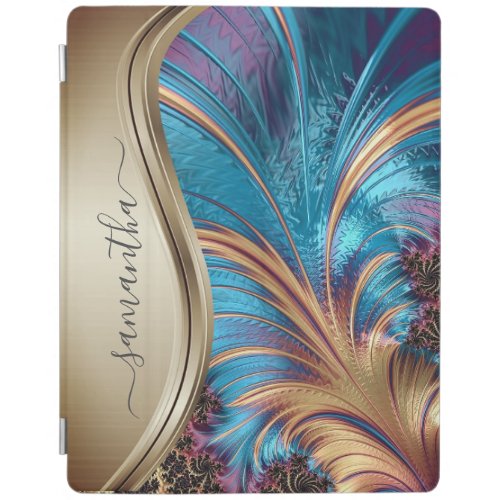 Modern Fractal Blue Gold Handwritten Name iPad Smart Cover