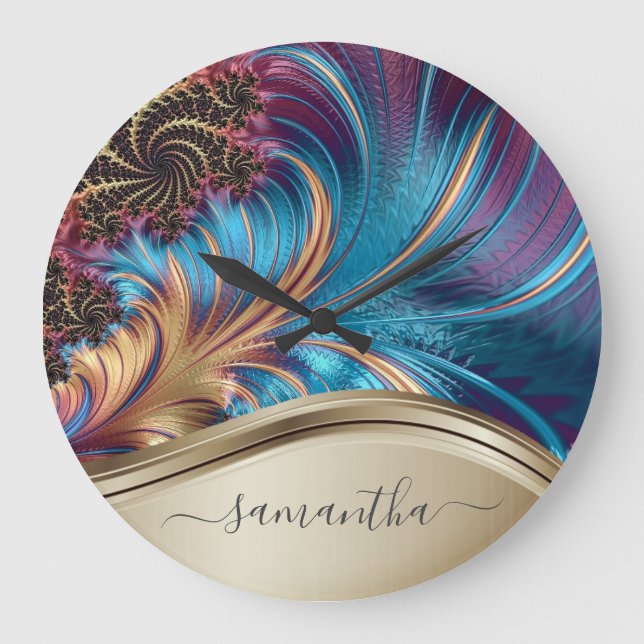 Modern Fractal Blue Gold Handwritten Name  Large Clock (Front)