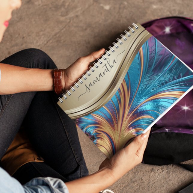 Modern Fractal Blue Gold Handwritten Name Notebook (Creator Uploaded)