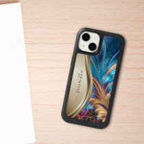 Modern Fractal Blue Gold Handwritten Name OtterBox iPhone 14 Case