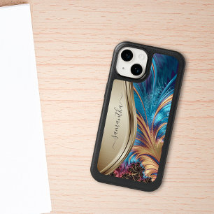 Modern Fractal Blue Gold Handwritten Name OtterBox Samsung Galaxy S6 Case