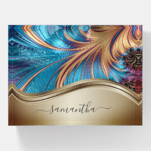 Modern Fractal Blue Gold Handwritten Name  Paperweight