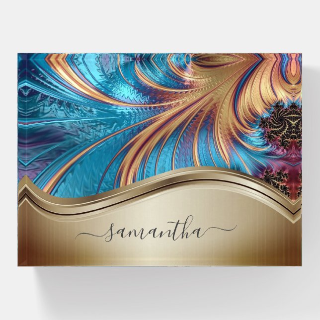 Modern Fractal Blue Gold Handwritten Name  Paperweight (Front)