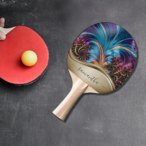 Modern Fractal Blue Gold Handwritten Name Ping Pong Paddle