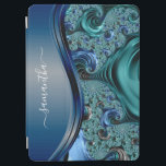 Modern Fractal Blue Handwritten Name  iPad Air Cover<br><div class="desc">This design may be personalized in the area provided by changing the photo and/or text. Or it can be customized by clicking Personalize this Template and then choosing the click to customize further option and delete or change the color of the background, add text, change the text color or style,...</div>