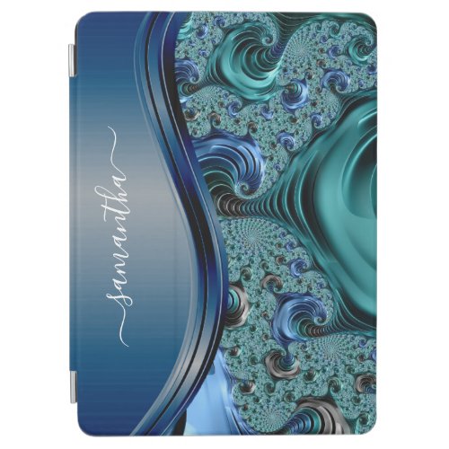 Modern Fractal Blue Handwritten Name  iPad Air Cover