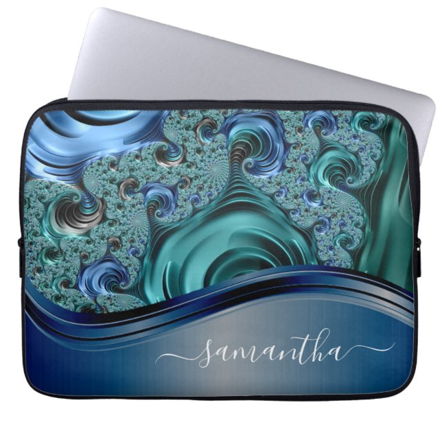 Modern Fractal Blue Handwritten Name  Laptop Sleeve (Front)