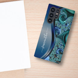 Modern Fractal Blue Handwritten Name  Samsung Galaxy S22 Ultra Case