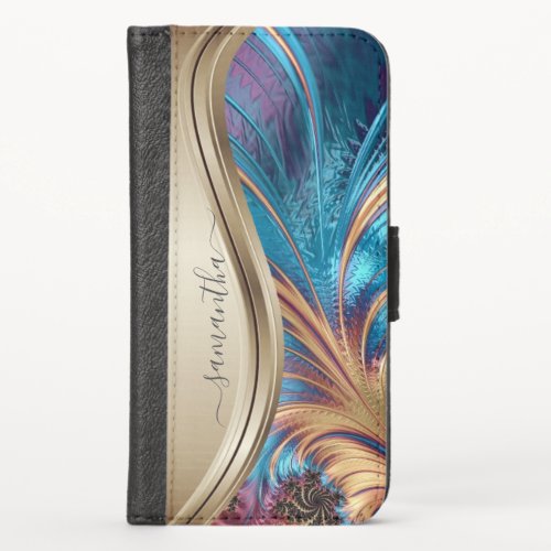 Modern Fractal Gold Blue Handwritten Name iPhone X Wallet Case