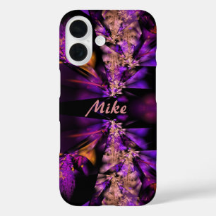 Modern fractal in black and purple, personalized iPhone 16 case
