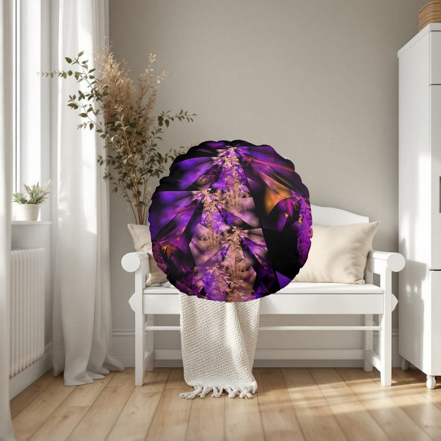 Modern fractal in black and purple round pillow (Creator Uploaded)