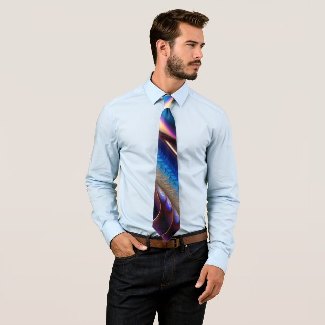 Modern Fractal in Blue and Gold Neck Tie (In Situ)