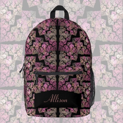 Modern fractal pattern blush colors on black   printed backpack