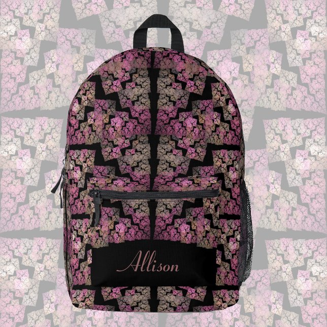 Modern fractal pattern, blush colors on black,   printed backpack (Creator Uploaded)