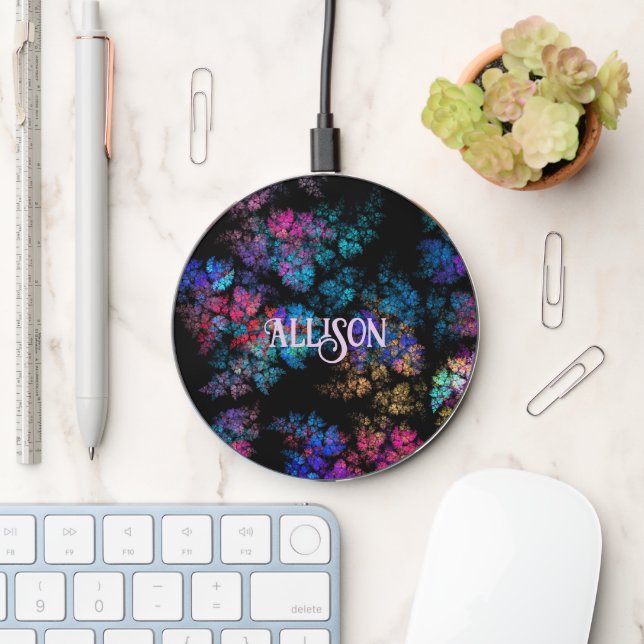 Modern fractal pattern on black custom  wireless charger  (Desk)