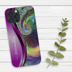 Modern Fractal Purple Handwritten Name Case-Mate iPhone 14 Case