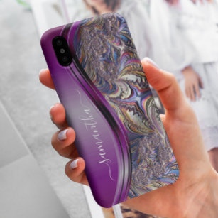 Modern Fractal Purple Handwritten Name iPhone 8 Plus/7 Plus Case