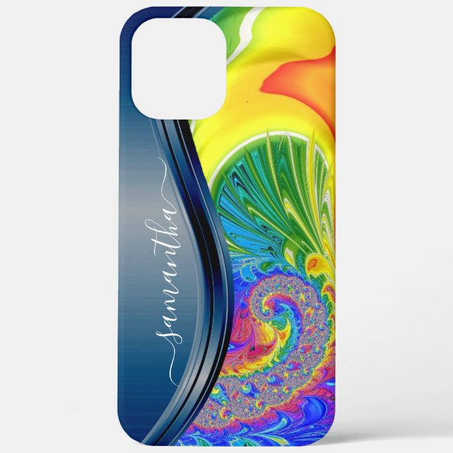 Modern Fractal Rainbow Blue Handwritten Name Case-Mate iPhone Case (Back)