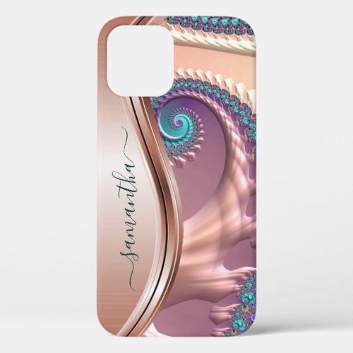 Modern Fractal Rose Gold Handwritten Name iPhone 12 Case