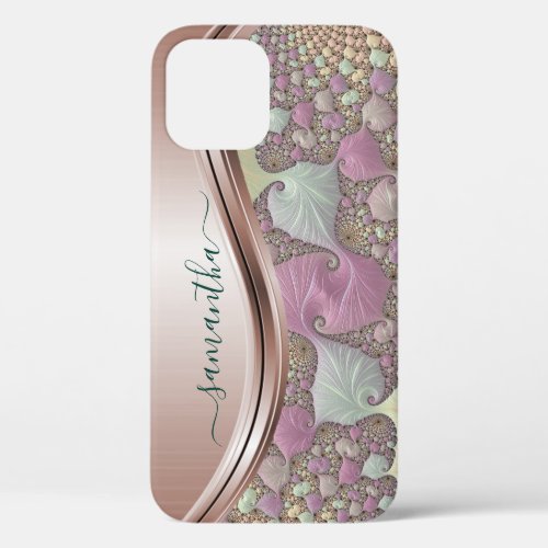 Modern Fractal Rose Gold Handwritten Name iPhone 12 Case