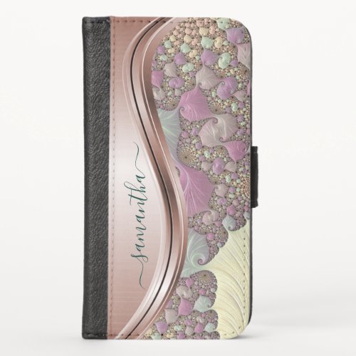 Modern Fractal Rose Gold Handwritten Name iPhone X Wallet Case