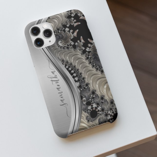 Modern Fractal Silver Gold Handwritten Name Case-Mate iPhone Case (Creator Uploaded)