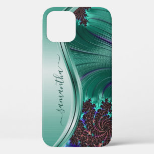 Modern Fractal Teal Handwritten Name iPhone 12 Case
