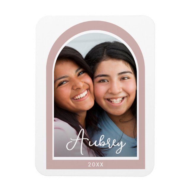 Modern Frame Arch Photo with Pretty Script Pink Magnet (Vertical)
