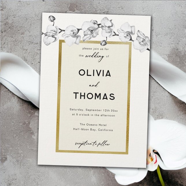 Modern Frame Black White Orchids Gold Wedding Invitation (white orchids black white gold frame modern wedding invitation elegant boho romantic formal classy)
