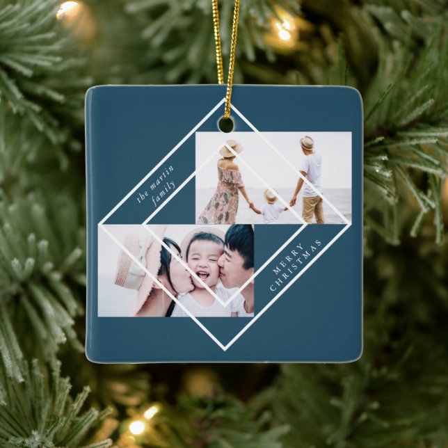 Modern Frame Blue Two Photo Merry Christmas Ceramic Ornament (Tree)
