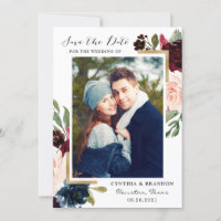 Modern Frame Burgundy Blush Floral Photo Save The Date
