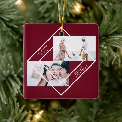 Modern Frame Burgundy Two Photo Merry Christmas Ceramic Ornament